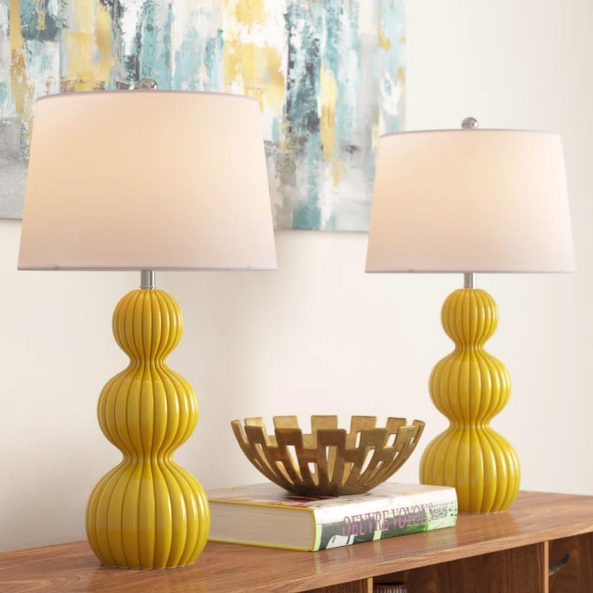 Maxax 28' Ceramic Table Lamps Set of 2, Modern Triple Gourd Bedside Lamps for Bedroom, 3-Way Dimmable Large Yellow Nightstand Lamp with White Drum Shade for Living Room, Office