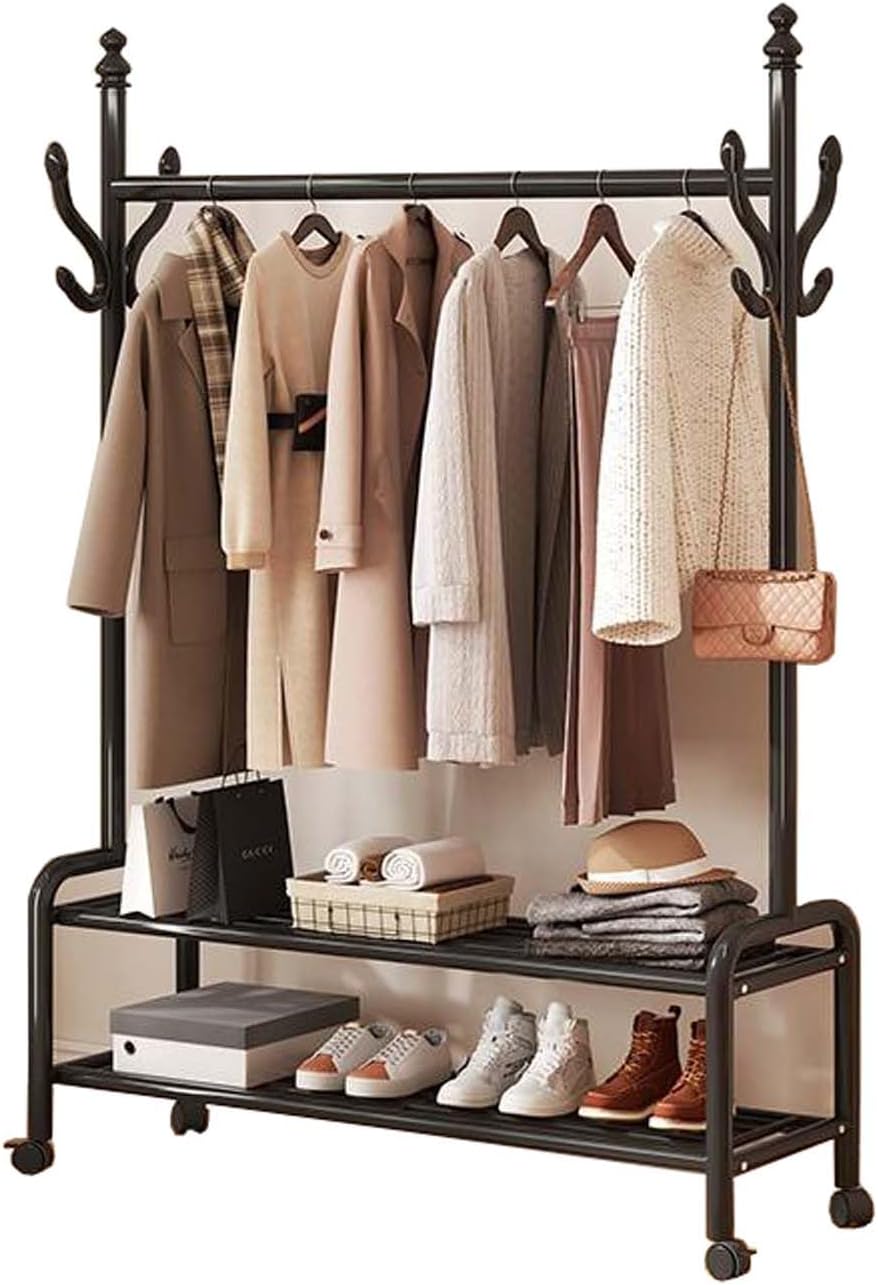 YSUEFIJO Clothing Garment Rack On Wheels, Garment Racks for Hanging Clothes, Multi-Functional Bedroom Clothes Rack, Heavy Duty Clothing Rolling Rack, for Dorm Bedroom Home