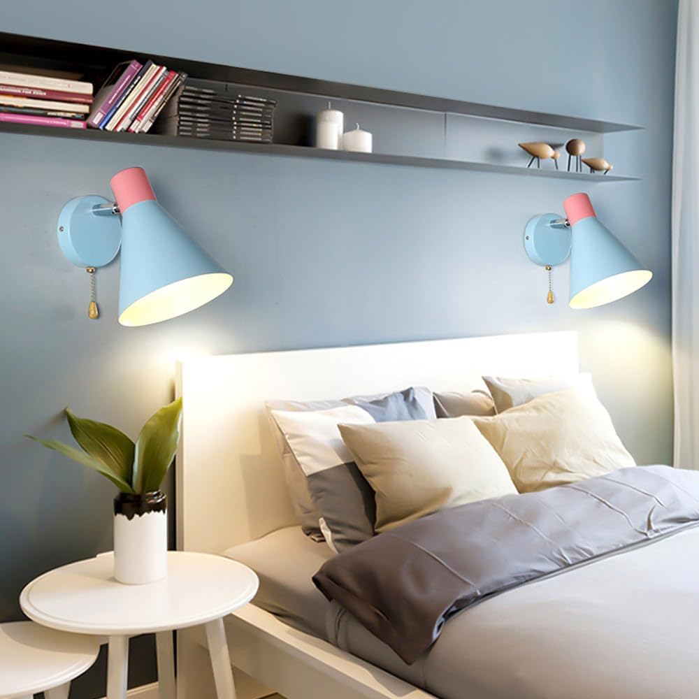 Wall Sconces Lighting Set of 2 for Bedroom, Blue Macaron Wall Lamp E27 Nordic Modern Wall Light Fixtures with Switch, Adjustable Bedside Wall Lights for Hallway Living Room Restaurant Office Kitc