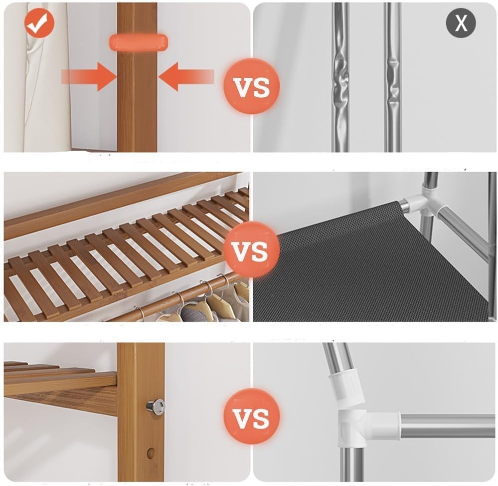 Heavy Duty Clothes Rail, Portable Extra Large Garment Rackwith 5 Partition, Bamboo Coat Rack for Hanging Clothes, Easy to Install for Clothes Shoes Storage