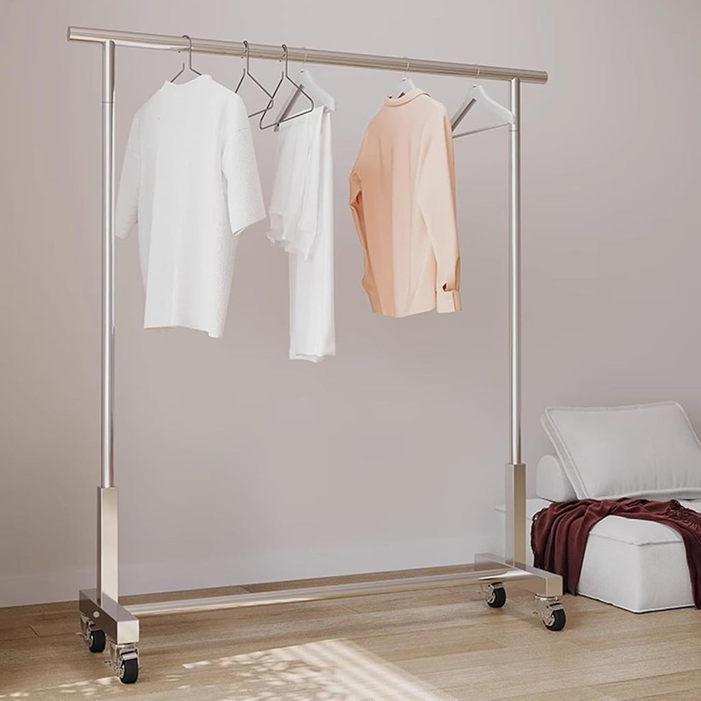 Heavy duty Garment rack Heavy Duty Clothing Rack For Hanging Clothes Silver Stainless Steel Clothes Rail On Wheels Commercial Clothing Display Rack Freestanding Coat Rack For Bedroom ( 80X40X150CM)