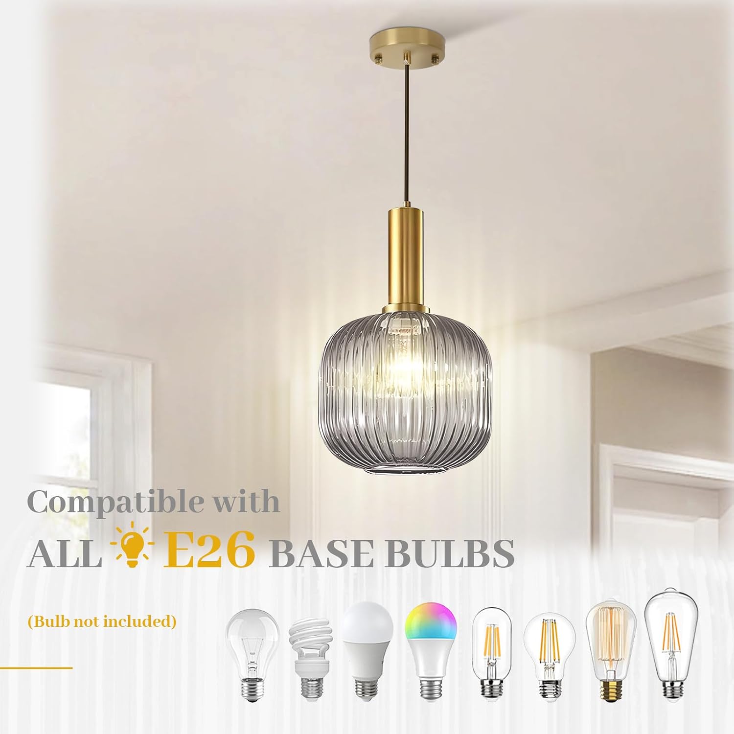 Smoke Gray Glass Pendant Lighting Kitchen Island Vintage Gold Pendant Lamp Mid Century 1-Light Adjustable Pendant Light Fixture Above Kitchen Sink Dining Table Bar Counter