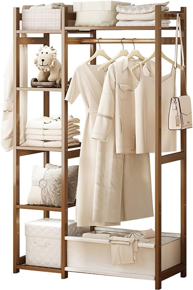 Bamboo Garment Rack with 5 Shelves Free Standing Clothes Rails for Bedroom Storage Clothing Rail for Dresses Shoes and Hats Max Load 100kg