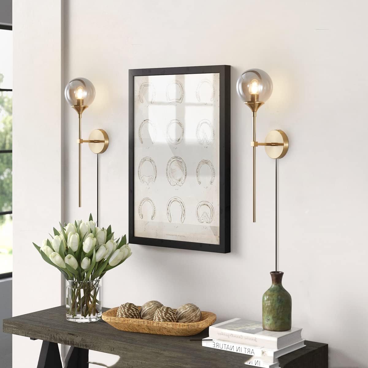 BOKT Mid Century Smoke Glass Bathroom Wall Light Plug in Set of 2 Brushed Brass Gold Long Globe Wall Sconce Lighting Plug in Cord Set of Two Industrial Wall Lamp (Smoke Gray-Plug in)