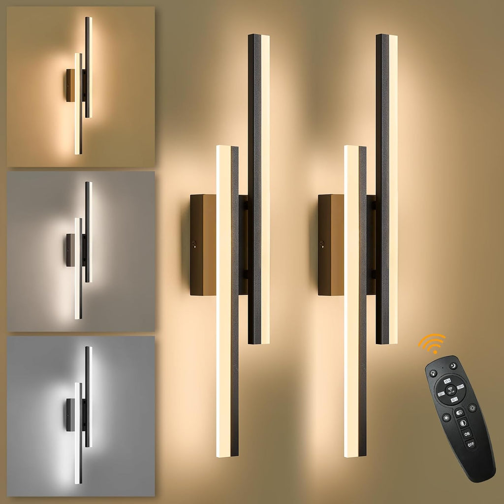 LED Wall Sconce Set of 2 Black Remote Modern LED Vanity Lights Set of 2 Indoor Wall Light Fixtures for Living Room, Dimmable Wall Sconce for Bedside Bedroom Bathroom, L23.6inch 2 Pack