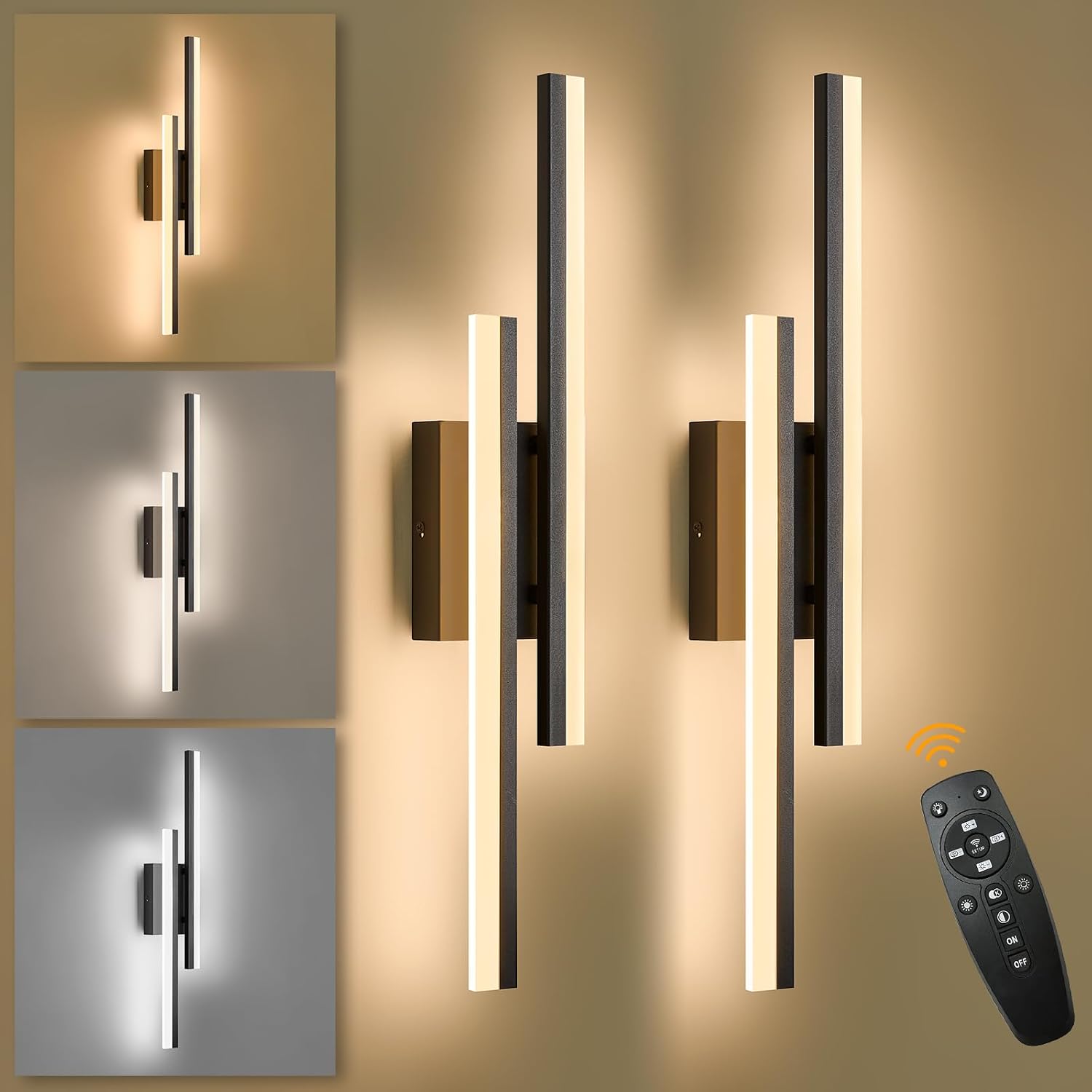 LED Wall Sconce Set of 2 Black Remote Modern LED Vanity Lights Set of 2 Indoor Wall Light Fixtures for Living Room, Dimmable Wall Sconce for Bedside Bedroom Bathroom, L23.6inch 2 Pack