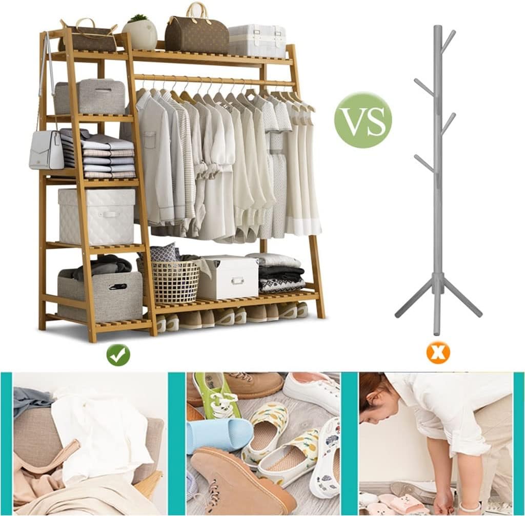 Garment Rail Shoe Bench Coat Stand Rack Hanger Clothing Racks Bamboo Garment Rack For Hanging Clothes Heavy Duty Rack With Shelves And Shoe Clothing Storage Organizer Open Coat Stands For B