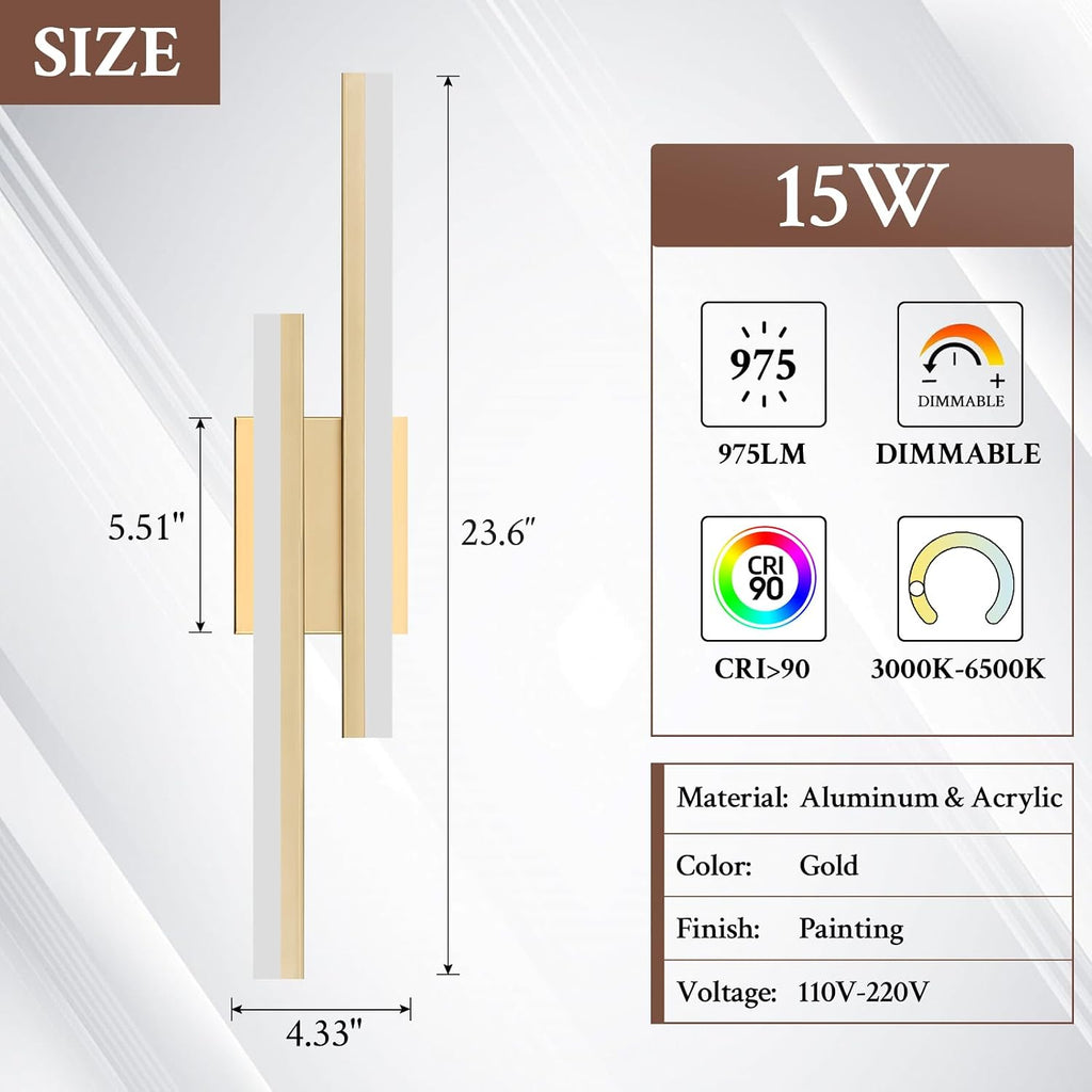 LED Wall Sconce Set of 2 Gold Remote Modern LED Vanity Lights Set of 2 Indoor Wall Light Fixtures for Living Room, Dimmable Wall Sconce for Bedside Bedroom Bathroom, L23.6inch 2 Pack