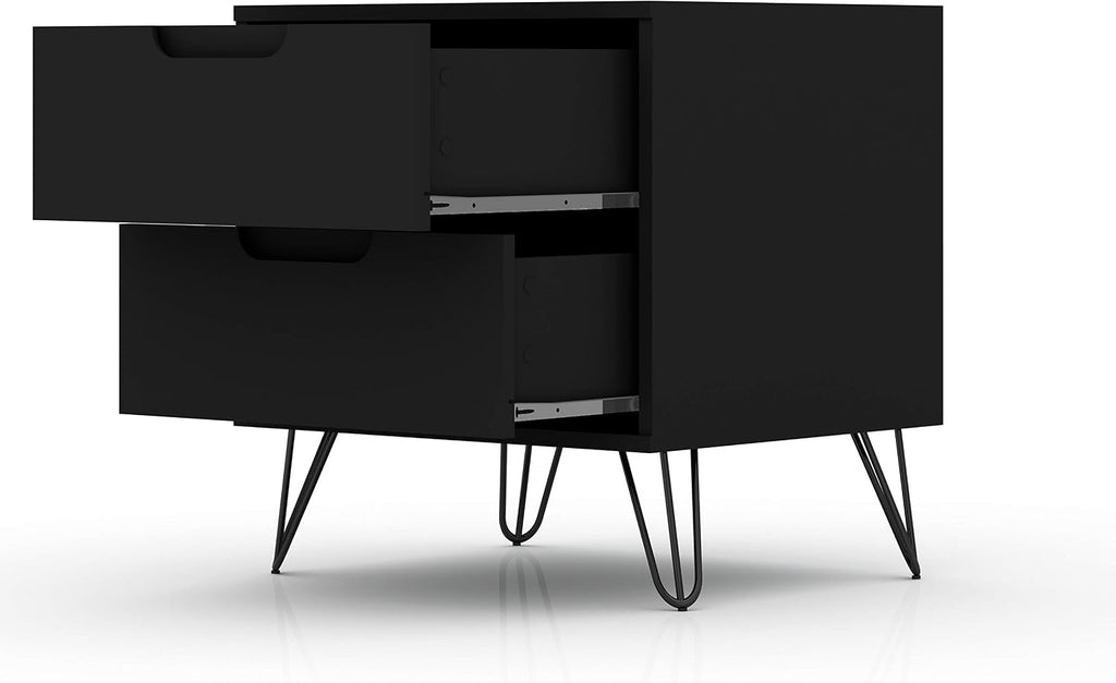 Manhattan Comfort Rockefeller Nightstand with Drawers, Mid Century Modern Bedside Table, Minimalist Display and Storage Organizer, Ideal for Bedroom and Living Room, Black