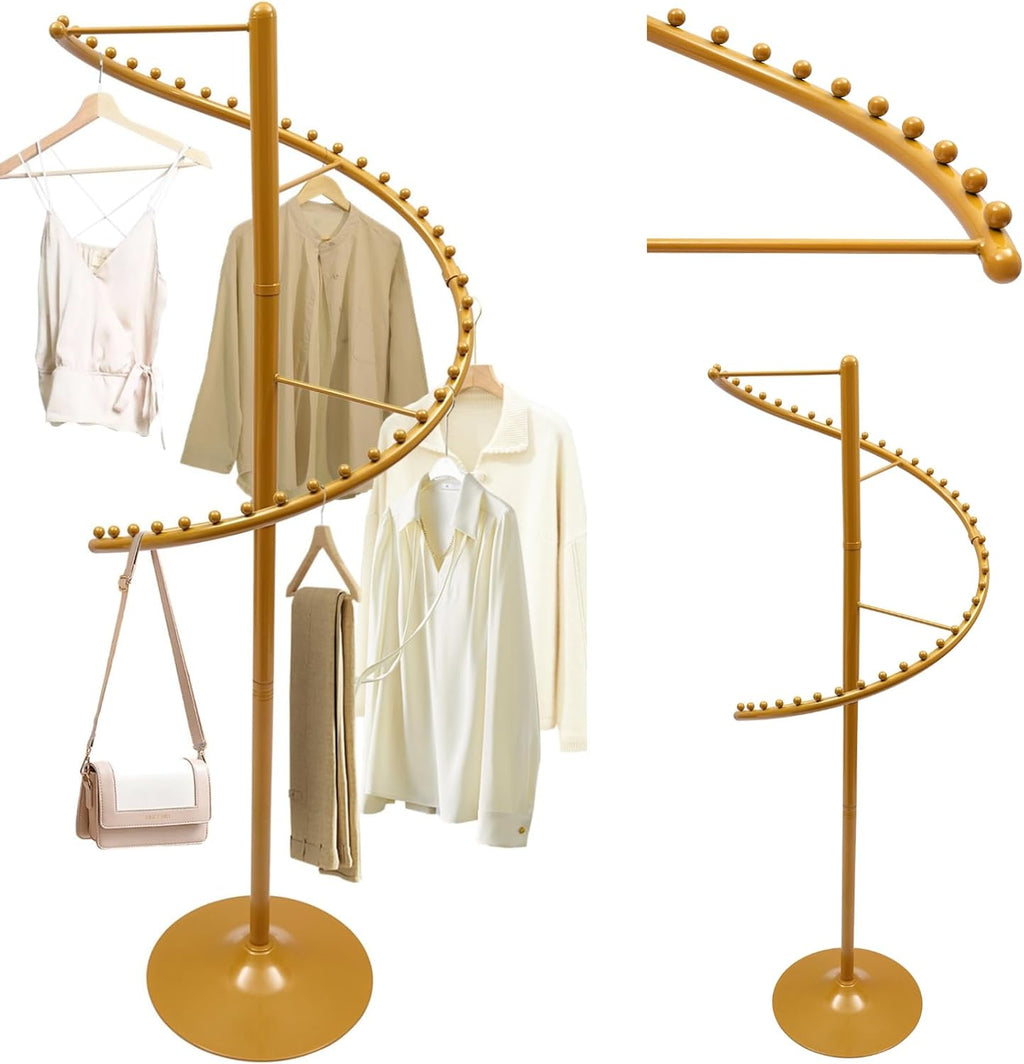 71 in Spiral Rotating Clothing Rack 360° Rotating Freestanding Hanging Clothing Display Stand Metal Heavy Duty Round Garment Rack for Boutique Bedroom (Gold)