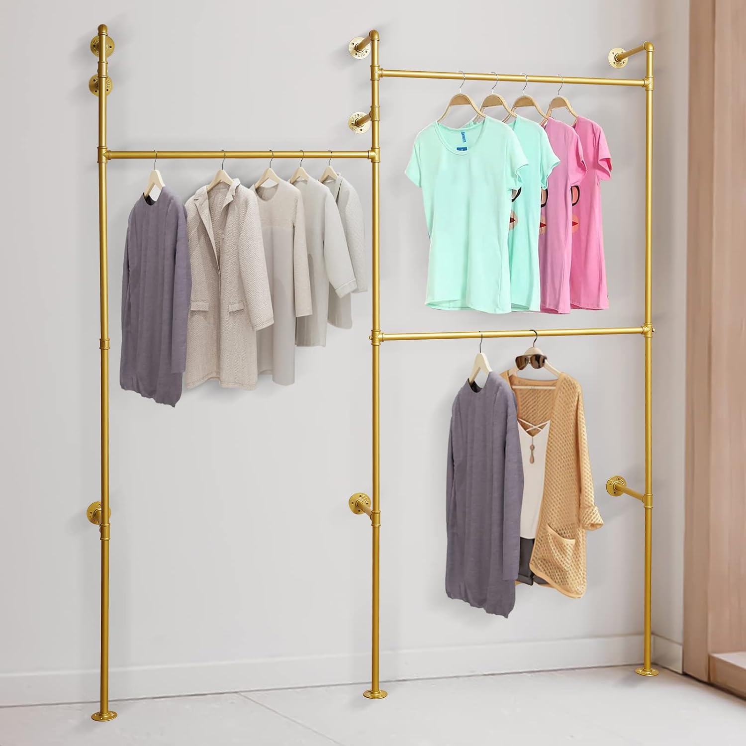 Wall Mounted Clothes Rack, Portable Vintage Rolling Coat Rack Heavy Duty Iron Pipe Garment Hanger Rustic Metal Garment Frame Industrial Pipe Clothing Display Rack for Living Room Bedroom (Gold)