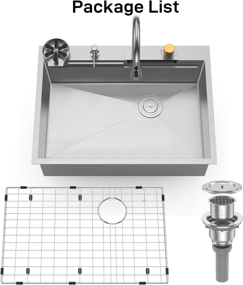 Senfot Kitchen Sinks and Faucet Combo Set with Bottom Grid & Drain Assembly, 304 Stainless Steel Handmade Modern Kitchen Sink with Pull-Out Tap, Chopping Board, Cup Washer, Size 30x 22 x 9in, Silver