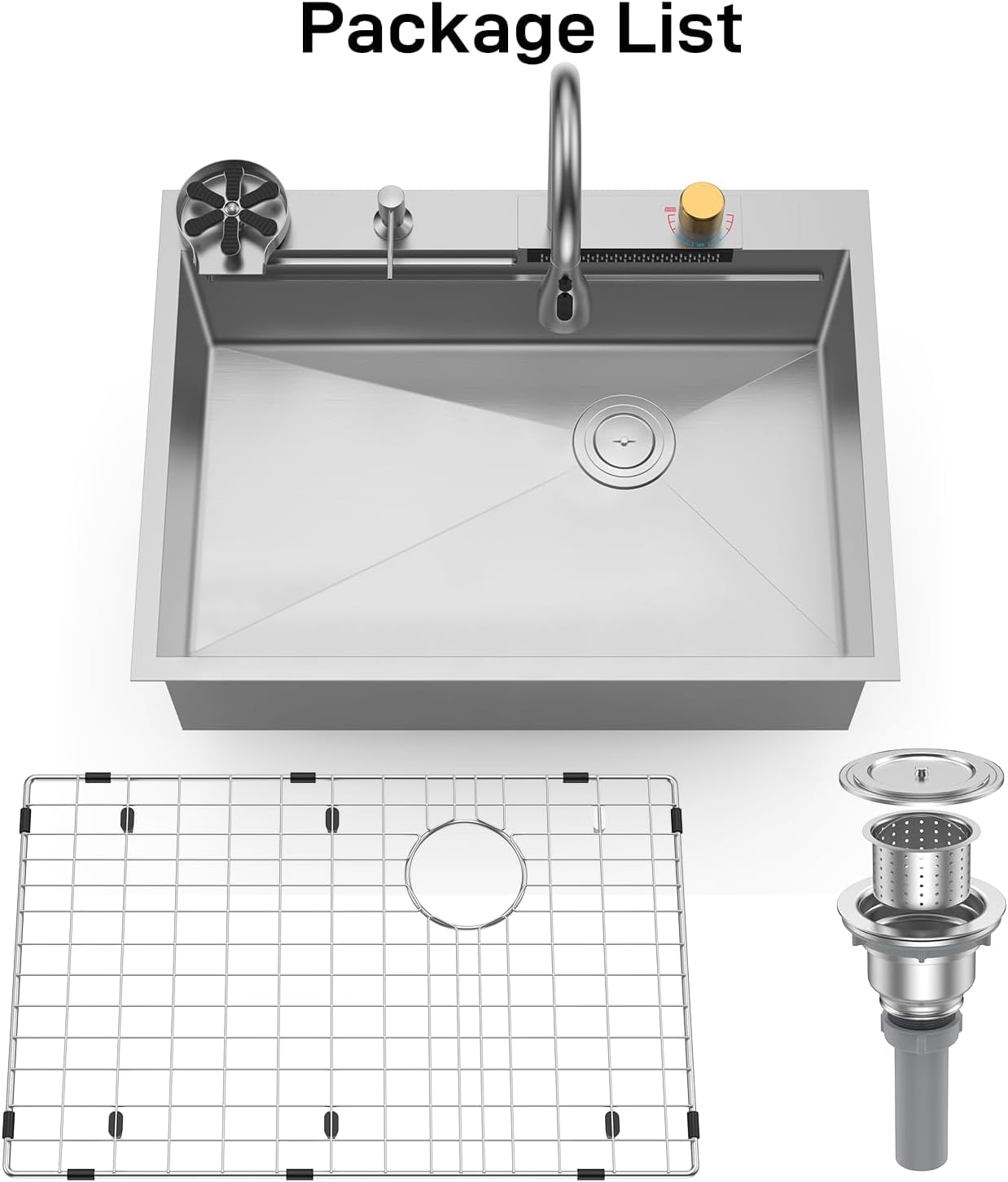 Senfot Kitchen Sinks and Faucet Combo Set with Bottom Grid & Drain Assembly, 304 Stainless Steel Handmade Modern Kitchen Sink with Pull-Out Tap, Chopping Board, Cup Washer, Size 30x 22 x 9in, Silver