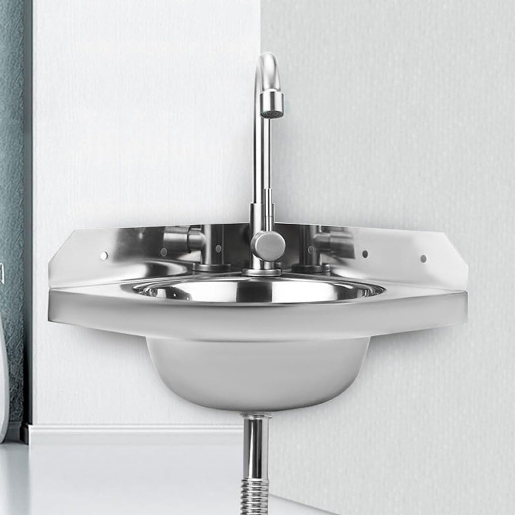 RV Sink,Wall Mounted Stainless Steel Corner Washbasin, Corner Kitchen Sink with Tap, Sink Drain Pipe, Ideal for RV, Boat, Bathroom, Kitchen, Toilet