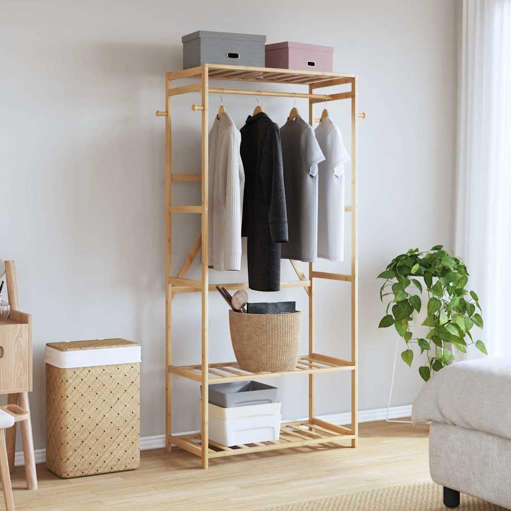 Bamboo Clothes Rack for Hanging Clothing, Freestanding Garment Organizer with Shelves, Ideal for Bedroom Storage