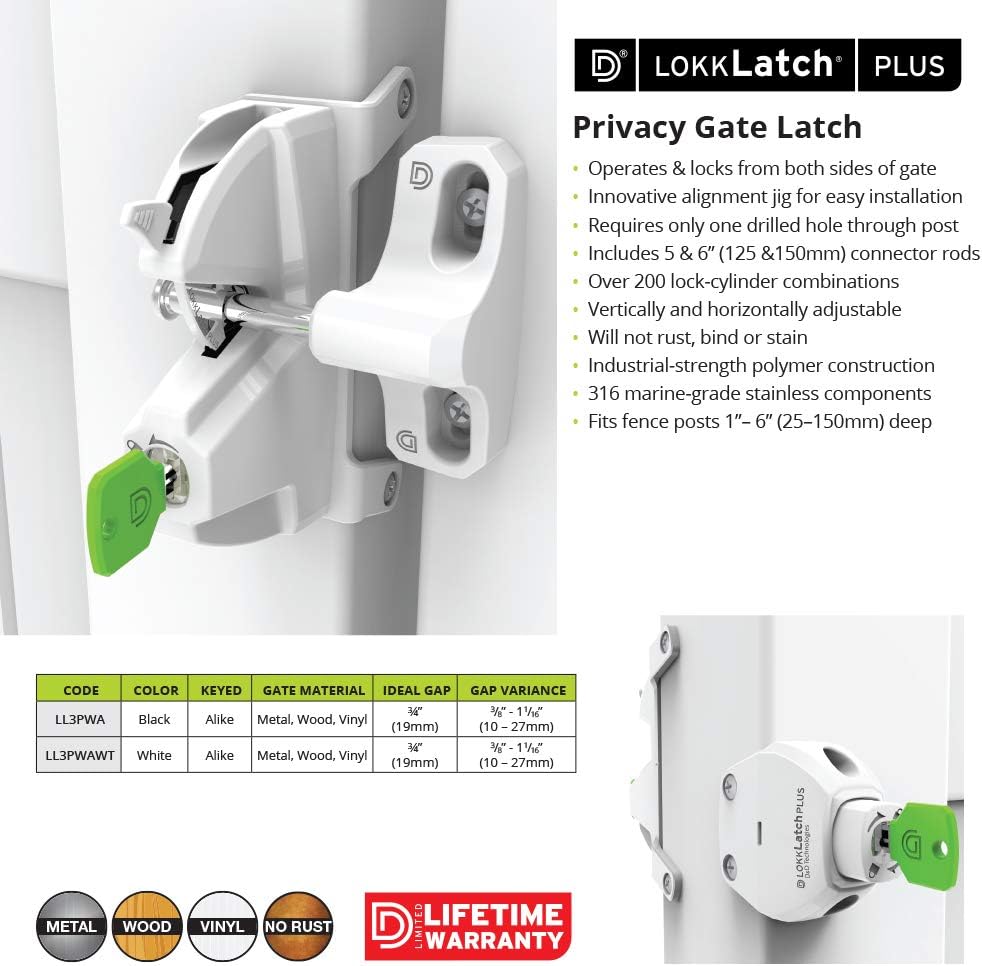 D&D Technologies LL3PWAWT LokkLatch Plus, Locking Privacy Gate Gravity Latch, Key Lockable on Both Sides of Gate, for Metal, Wood, and Vinyl Fences, White