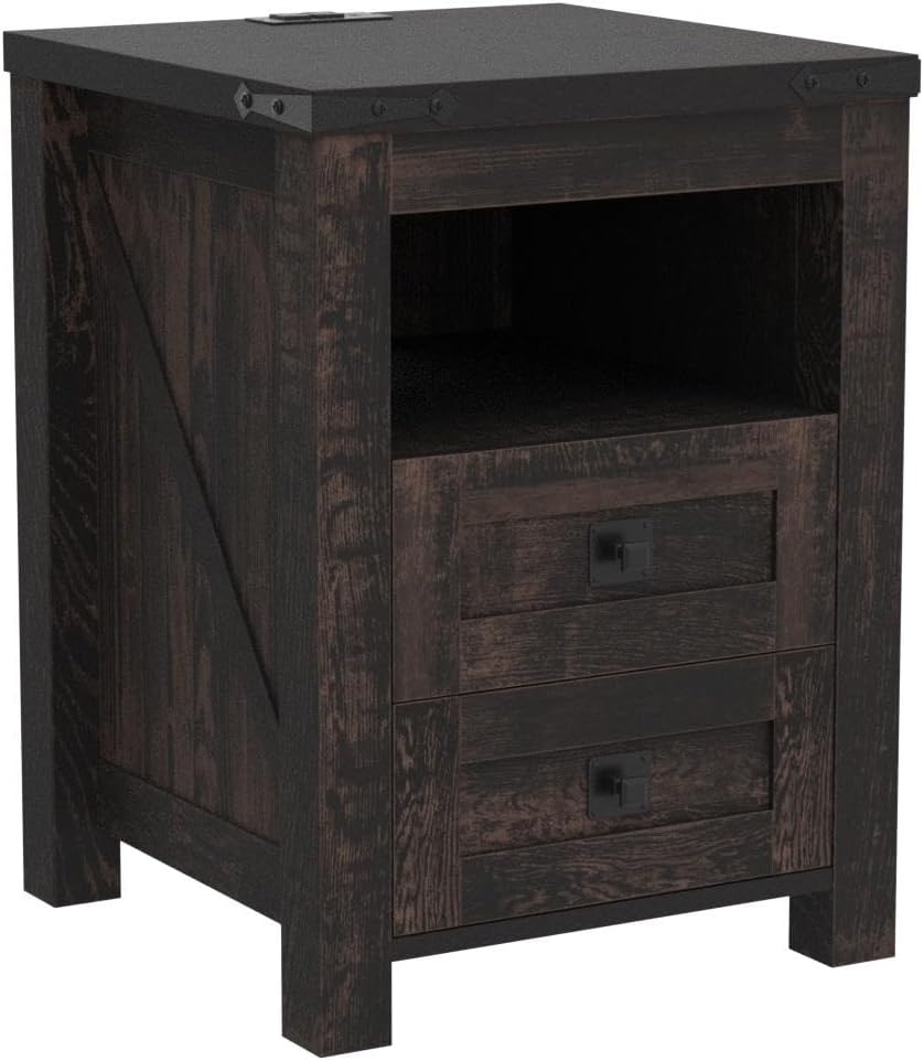 T4TREAM Nightstand with Charging Station, End Table, Side Table with 2 Drawers Storage Cabinet for Bedroom, Living Room, Farmhouse Design, Wood Rustic, Dark Rustic Oak