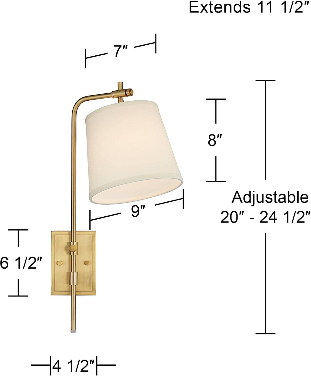 Barnes and Ivy Seline Modern Wall Lamps Set of 2 Warm Gold Metal Plug-in 9' Adjustable Swivel Off-White Linen Drum Shade for Bedroom Living Room Home Hallway Dining Kitchen