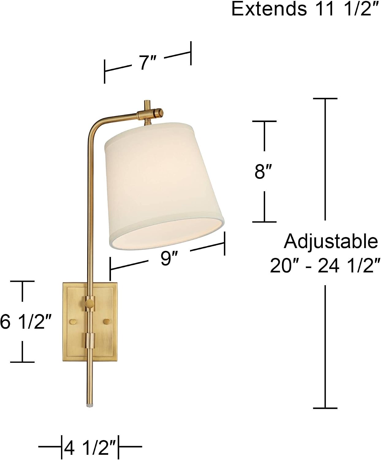 Barnes and Ivy Seline Modern Wall Lamps Set of 2 Warm Gold Metal Plug-in 9' Adjustable Swivel Off-White Linen Drum Shade for Bedroom Living Room Home Hallway Dining Kitchen
