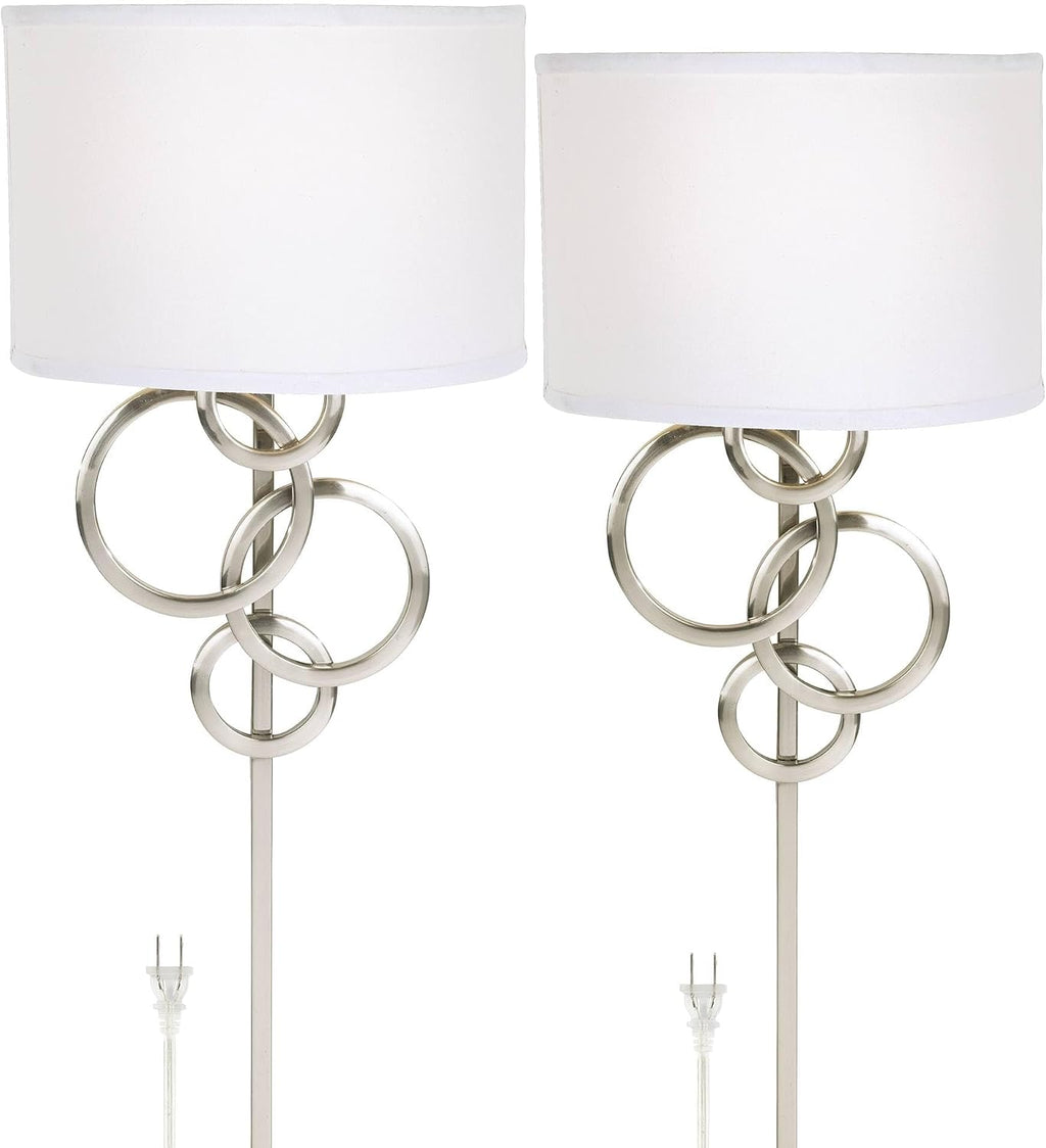 Possini Euro Design Circles Modern Wall Light Sconces Set of 2 with Smart Sockets Brushed Nickel Metal Plug-in 12' Fixture Off-White Cotton Shades for Bedroom Bedside Reading Living Room Hallway