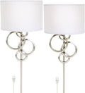 Possini Euro Design Circles Modern Wall Light Sconces Set of 2 with Smart Sockets Brushed Nickel Metal Plug-in 12' Fixture Off-White Cotton Shades for Bedroom Bedside Reading Living Room Hallway