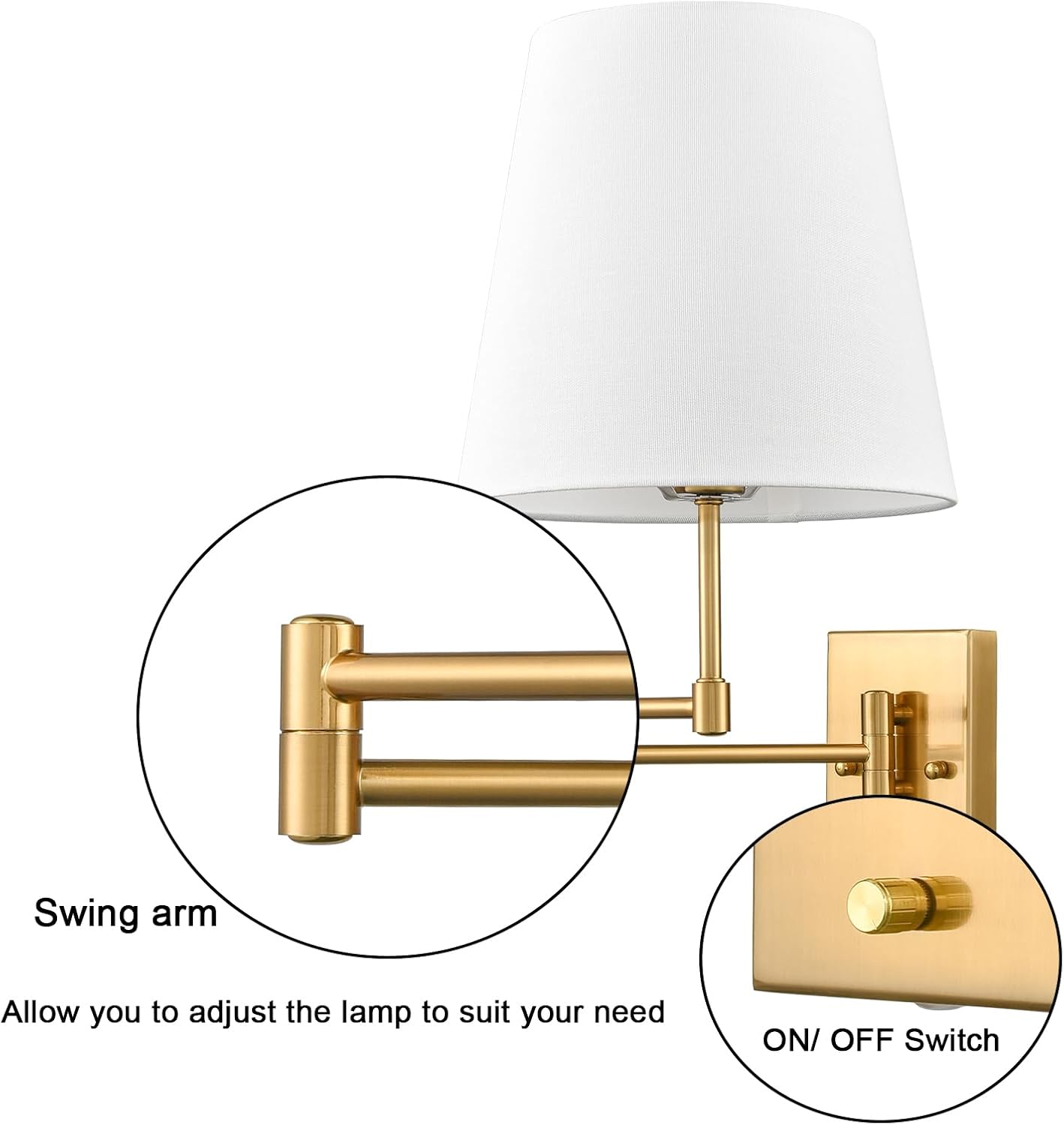 HYDELITE Gold Swing Arm Wall Lamp Brass Wall Sconces with Linen Shade | Plug-in or Hardwired Wall Light Fixtures Bedroom Bedside, House Reading, Living Room, Home Hallway, Dinning Set of 2