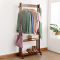 Coat Rack, Clothes Rack Bamboo Garment Rack Clothes Rail Heavy Duty Coat Racks Hanger with Top Rod and Wheels for Hanging Clothes Folding Clothes Shoes Decors