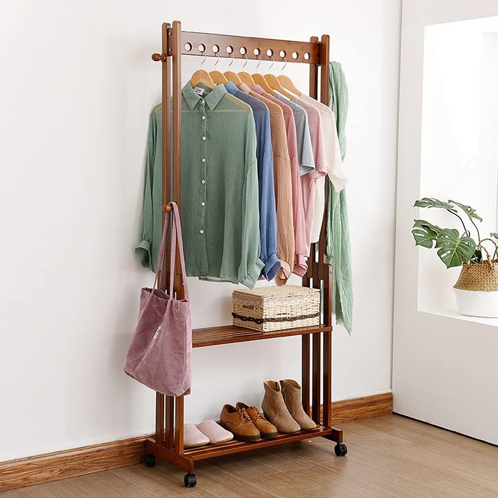 Coat Rack, Clothes Rack Bamboo Garment Rack Clothes Rail Heavy Duty Coat Racks Hanger with Top Rod and Wheels for Hanging Clothes Folding Clothes Shoes Decors