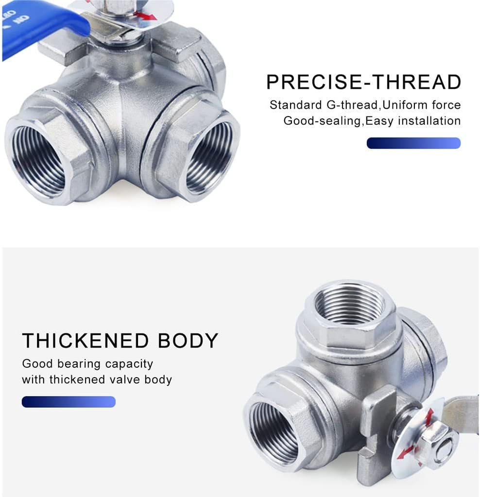 Garden Tap Connector Water Pipe Connectors, Stainless Steel 3-Way Ball Valve,T-Type L-Type 1/4' 3/8' 1/2' 3/4' 1' DN8- DN50 BSPT Female Thread Ball Valvees,1(T Type,DN10)