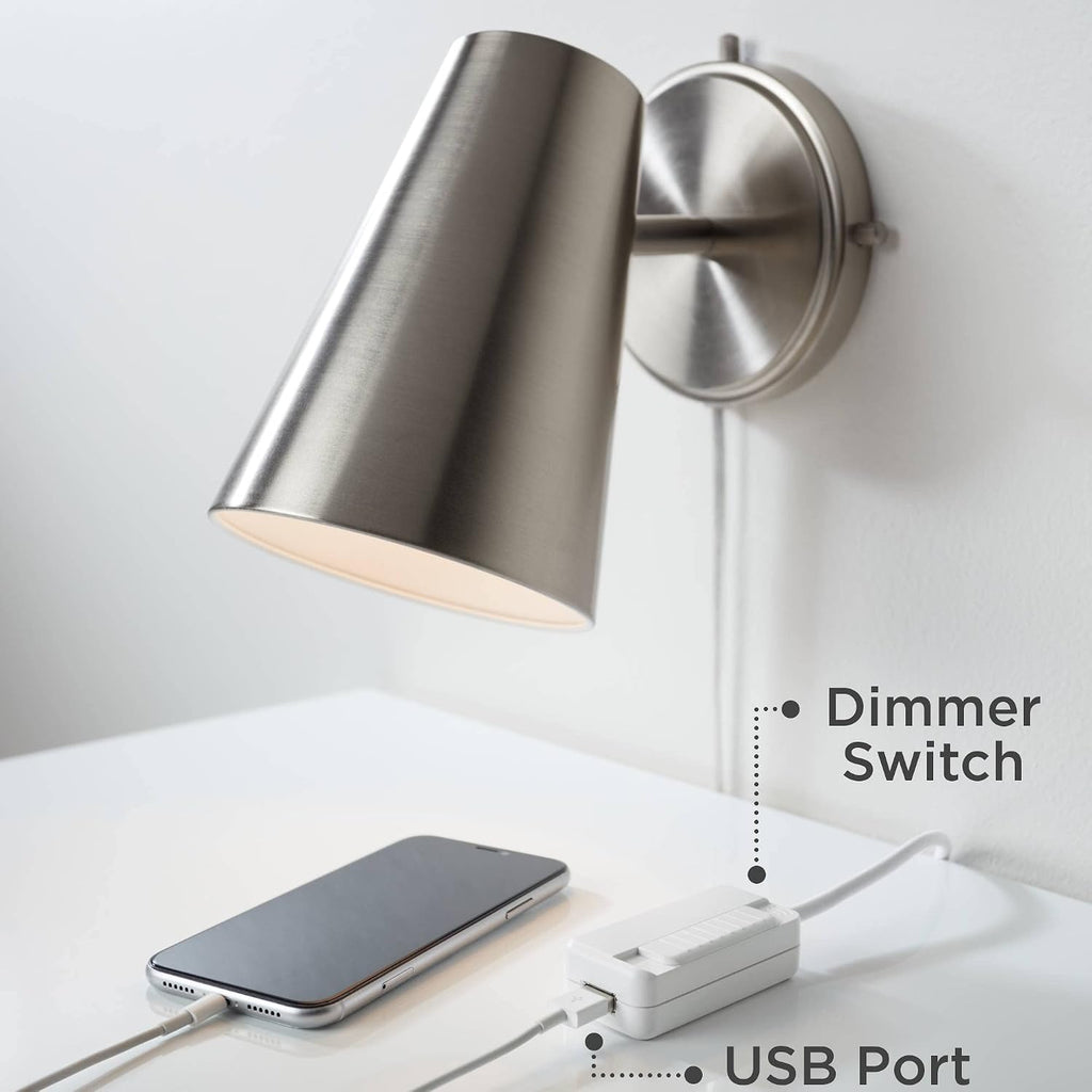 Possini Euro Design Trixie Modern Wall Lamp with USB Charging Port Brushed Nickel Plug-in 12' Fixture Rectangular Cotton Blend Fabric Shade for Bedroom House Reading Living Room Home Hallway Dining