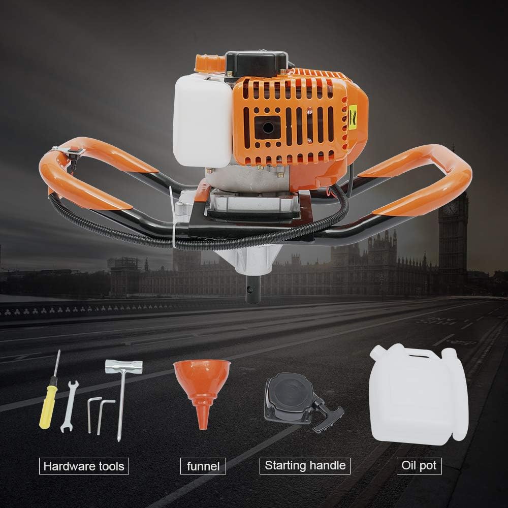 Fence Earth Auger, Petrol Borer 52cc 2-Stroke Post Hole Digger+Drill Bits 4' 6' 8' Bar Single Cylinder Air-Cooled System One Man Fence Earth Auger (US Stock) (2.3HP)