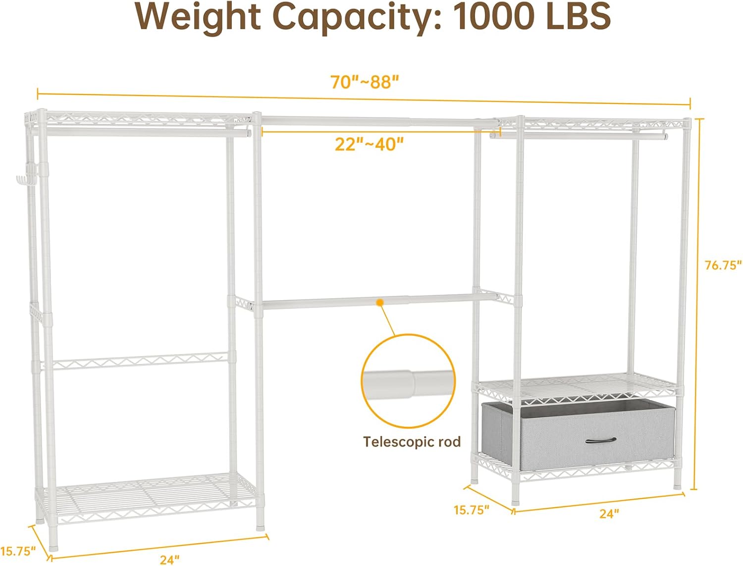 Golpart Coat Rack Clothes Wardrobe：Closet Organizer and Storage Clothing Garment Rack with Shelves Heavy Duty for Hanging Clothes Portable Adjustable White 15.8' DX(70-88)' WX76.5 H