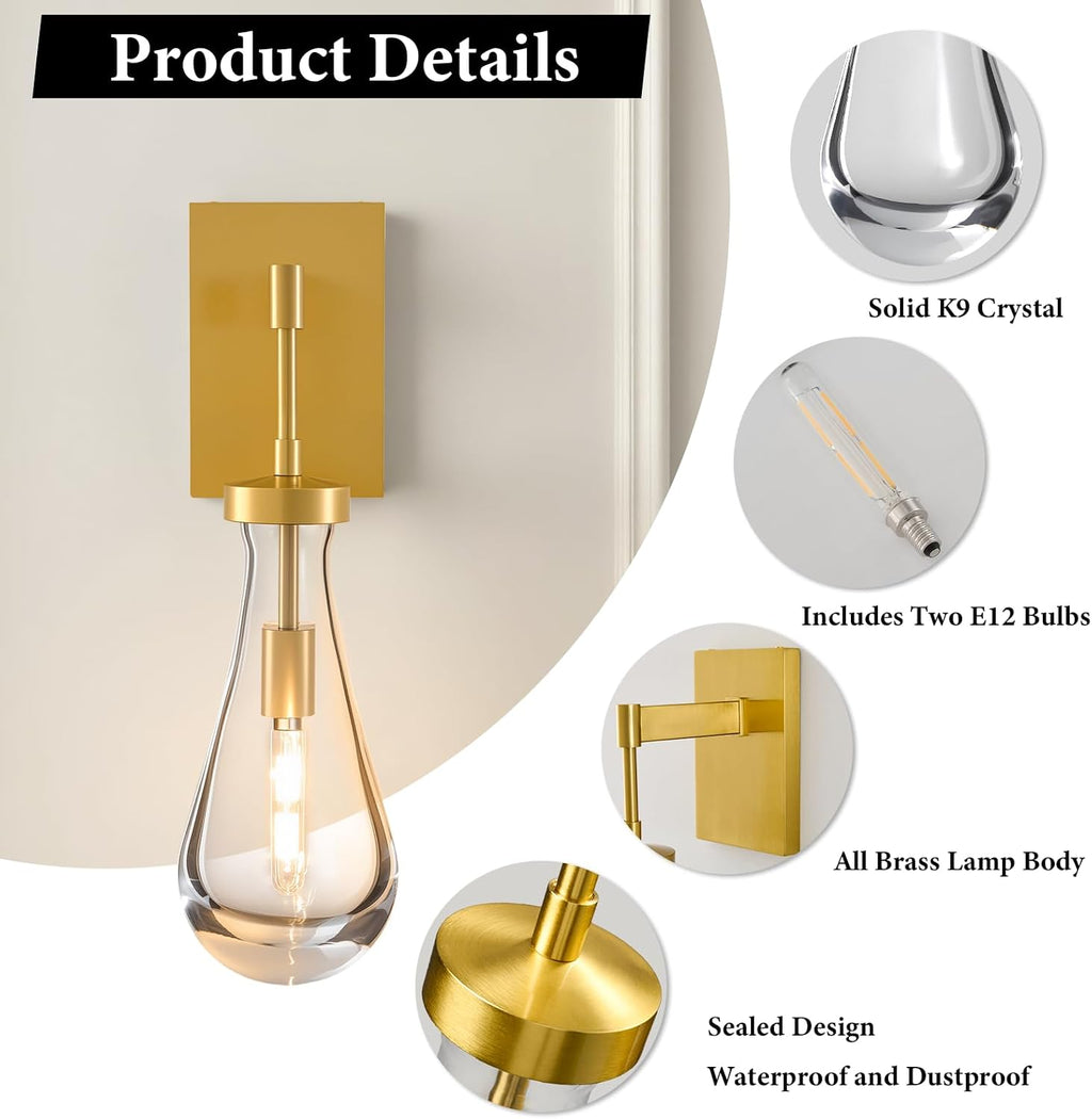 Raindrop Brass Crystal Wall Sconce: Set of 2 Clear Solid Indoor Sconces with Bulbs - Luxury Modern Gold Light Fixtures - Dimmable Vanity Lamp for Bedroom Living Room Bathroom Hallway Bedside Lighting