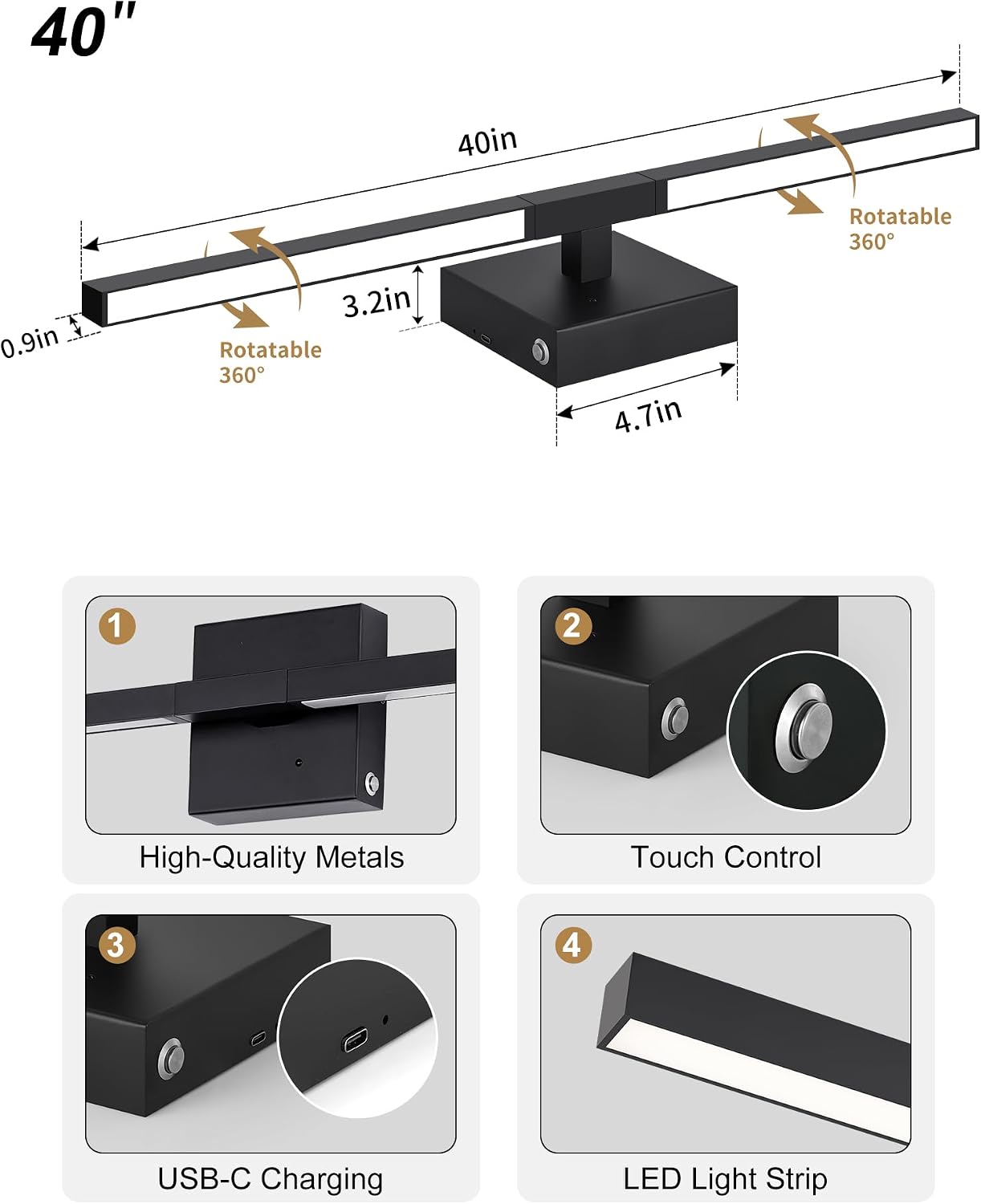 Rayogale Black Battery Operated Wall Sconce with Remote Control 40 Inch | 3000/4500/6000K Dimmable 8000mAh Wireless Rechargeable Wall Sconces Set of Two with Timer for Living Room, Bedroom, TV