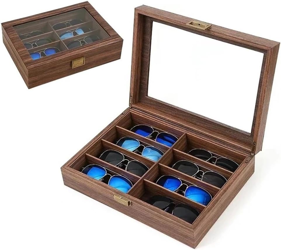 Glasses Display Stand 8 Grids Vintage Wooden Glasses Storage Box Wood Jewelry Sunglasses Eyewear Eyeglasses Display Case Holder Organizer Gift Box Sunglasses Display Rack