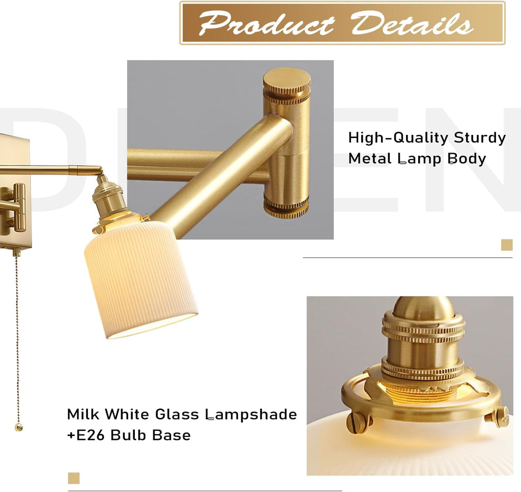 Vintage Antique Brass Wall Sconces Set of Two Gold Modern Farmhouse Wall Lighting Indoor Wall Mount Swing Arm Lamps with Pull Chain Bathroom Sconces Set of 2 Milk Glass Wall Lights MWL14C-2
