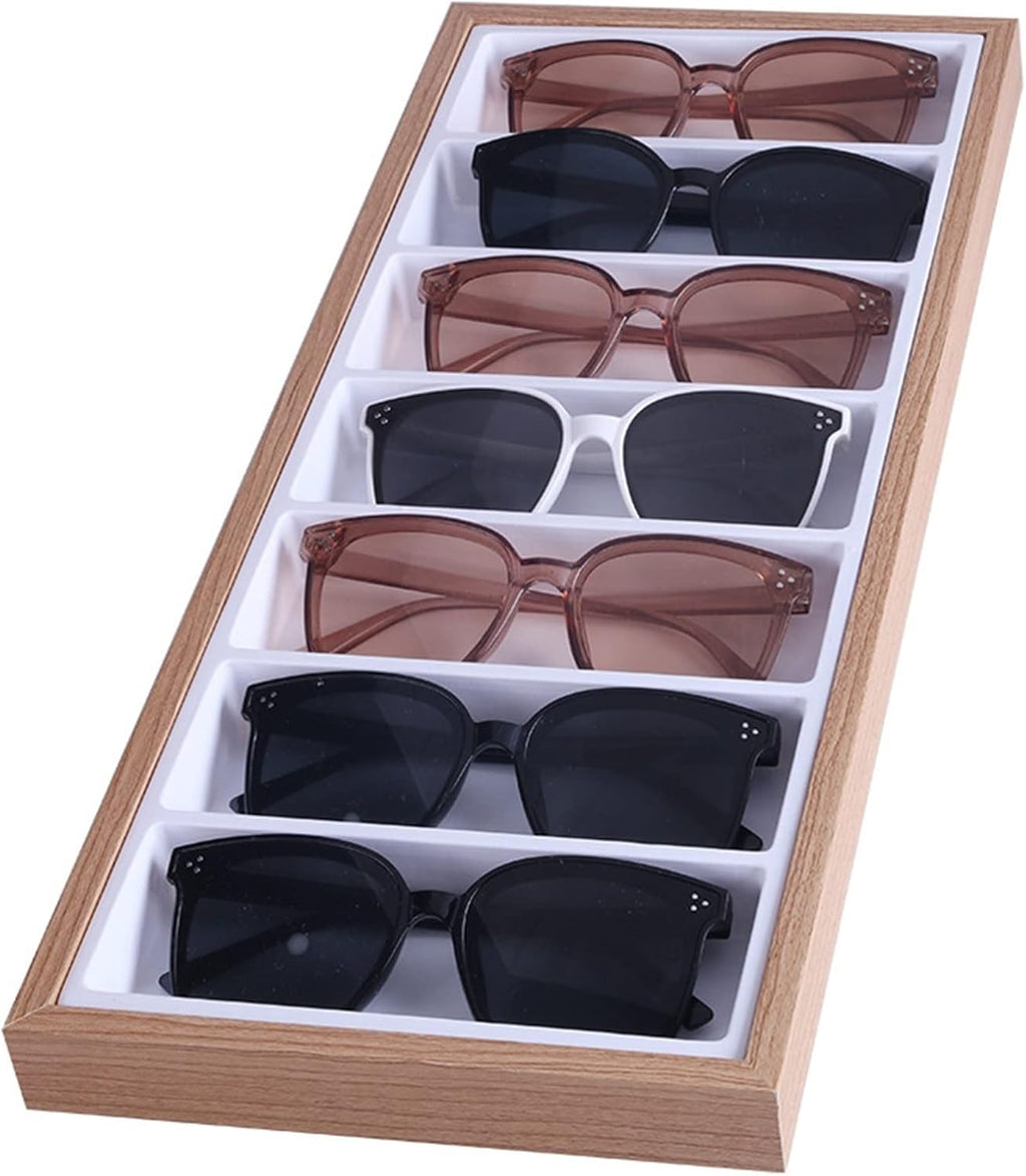 TOMYEUS Sunglasses Display 7 Grids Sunglasses Display Box Wood Velvet Jewelery Display Packaging Props Jewellery Organizer Tray Fashion Cases Eyewear Display Stand (Color : Inner white)