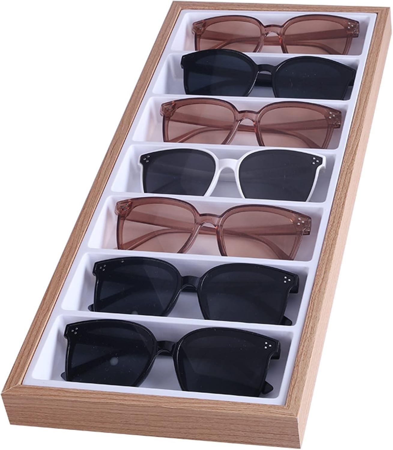 TOMYEUS Sunglasses Display 7 Grids Sunglasses Display Box Wood Velvet Jewelery Display Packaging Props Jewellery Organizer Tray Fashion Cases Eyewear Display Stand (Color : Inner white)