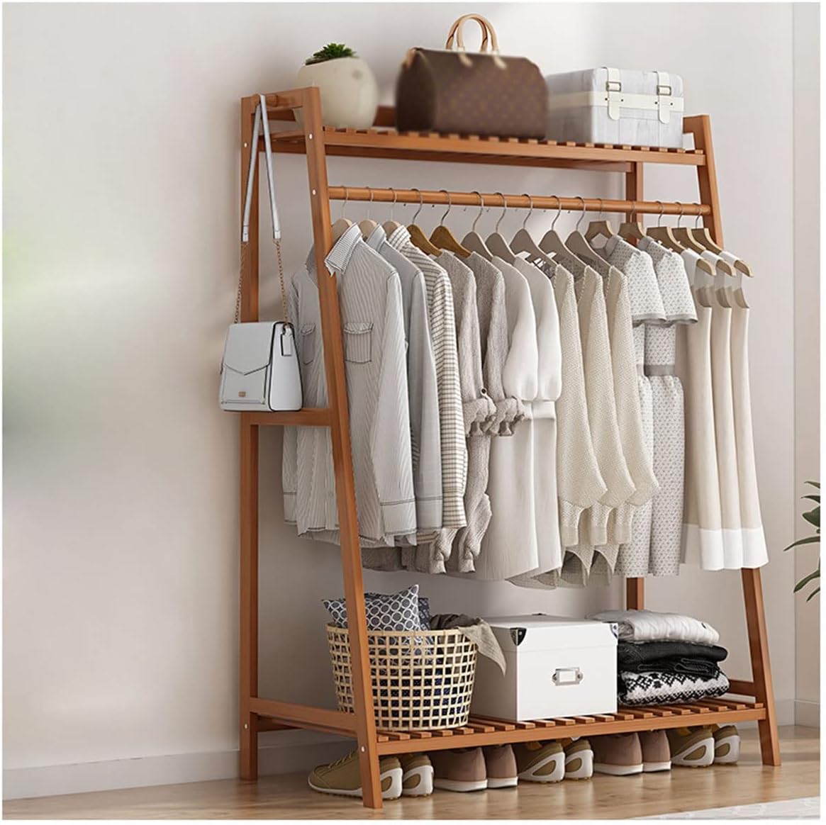 Bamboo Garment Rack with Shelf, Hanging Coat Rack for Clothes Coats Shoes, for Living Room Bedroom Entryway, Space Saver/Brown/100Cm