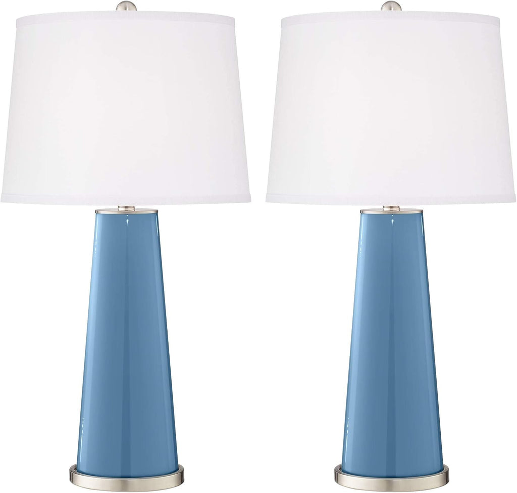 Color + Plus Leo 29 1/2' Tall Modern Coastal End Table Lamps Set of 2 Secure Blue Finish Glass Fabric White Shade Living Room Bedroom Bedside Nightstand House Office Home Reading Kitchen Entryway