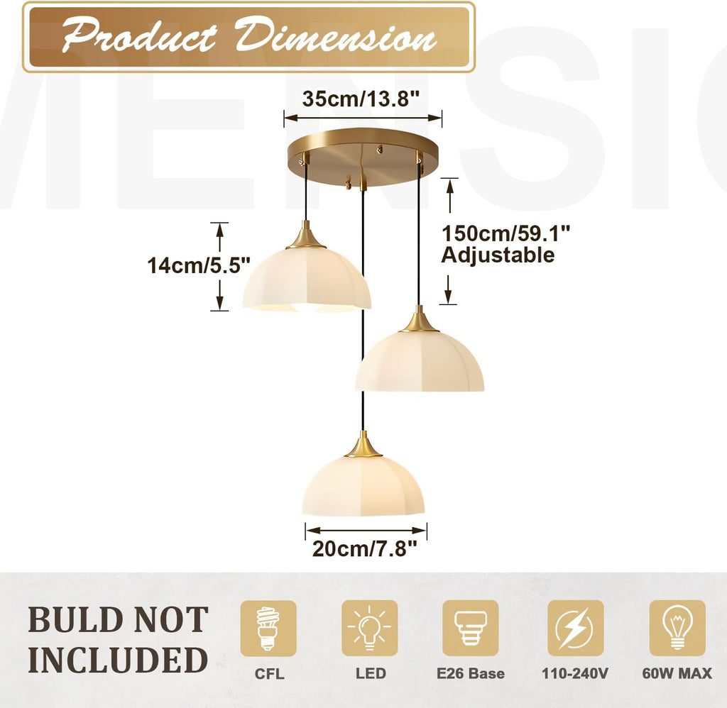 3 Light Cluster Pendant Lighting Gold Milk Glass Chandelier Brushed Brass Pendant Lights Kitchen Island Adjustable Hanging Dining Room Lighting Stairwell Brass Cluster Chandelier MPL17-3R GDN