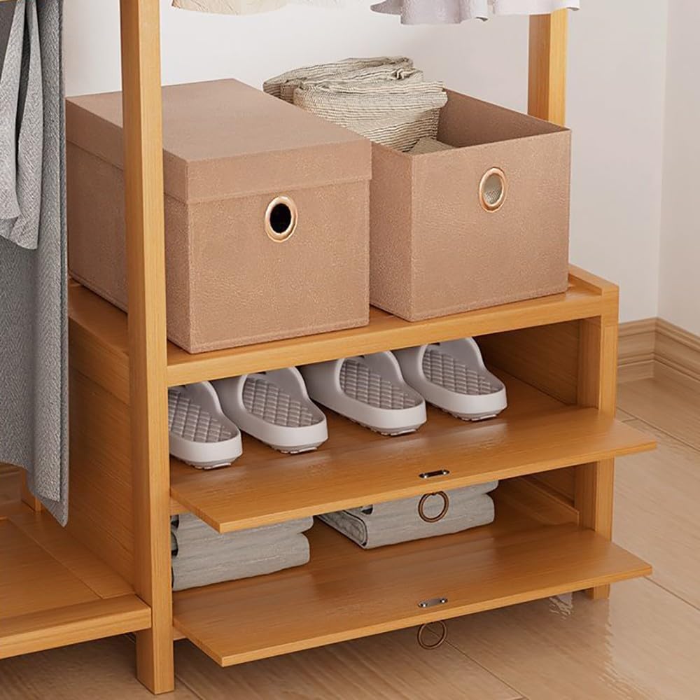 Bamboo Clothes Rack with Hanging Rod and Storage Shelves Free Standing Garment Rack for Bedroom and Hallway