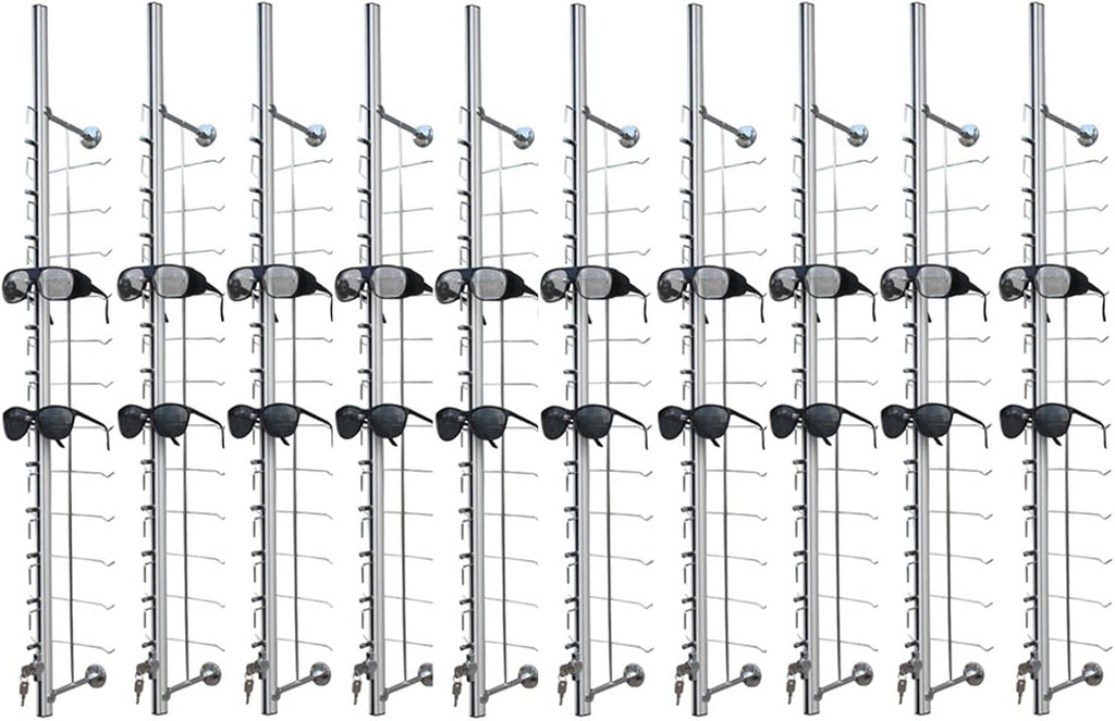 10Pcs Aluminum Sunglass Holder with Lock Wall-Mounted Sunglasses Rack Organizer Storage Eyewear Glasses Display Stand Eyeglass Decorative Display Rod,Hold 12 Frames