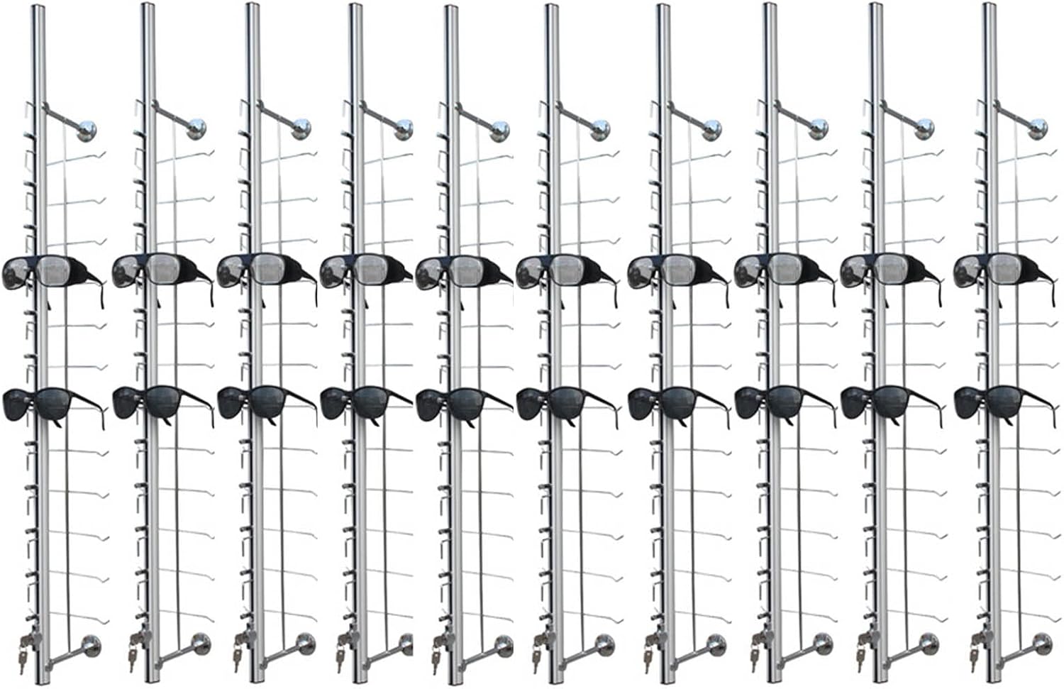 10Pcs Aluminum Sunglass Holder with Lock Wall-Mounted Sunglasses Rack Organizer Storage Eyewear Glasses Display Stand Eyeglass Decorative Display Rod,Hold 12 Frames