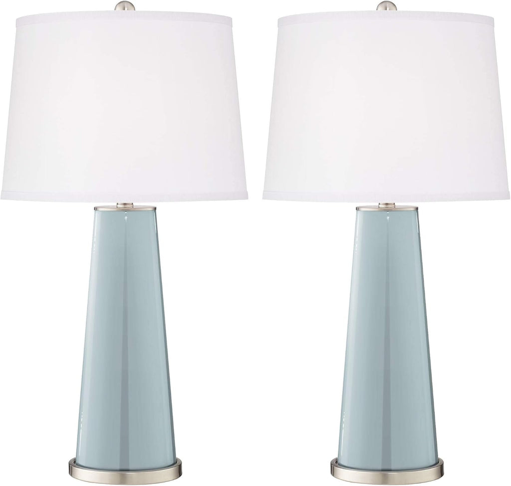 Color + Plus Leo Modern Table Lamps 29 1/2' Tall Set of 2 Rain Blue Gray Glass Tapered Column Plain White Drum Shade Decor for Bedroom Living Room House Home Bedside Nightstand Office Family
