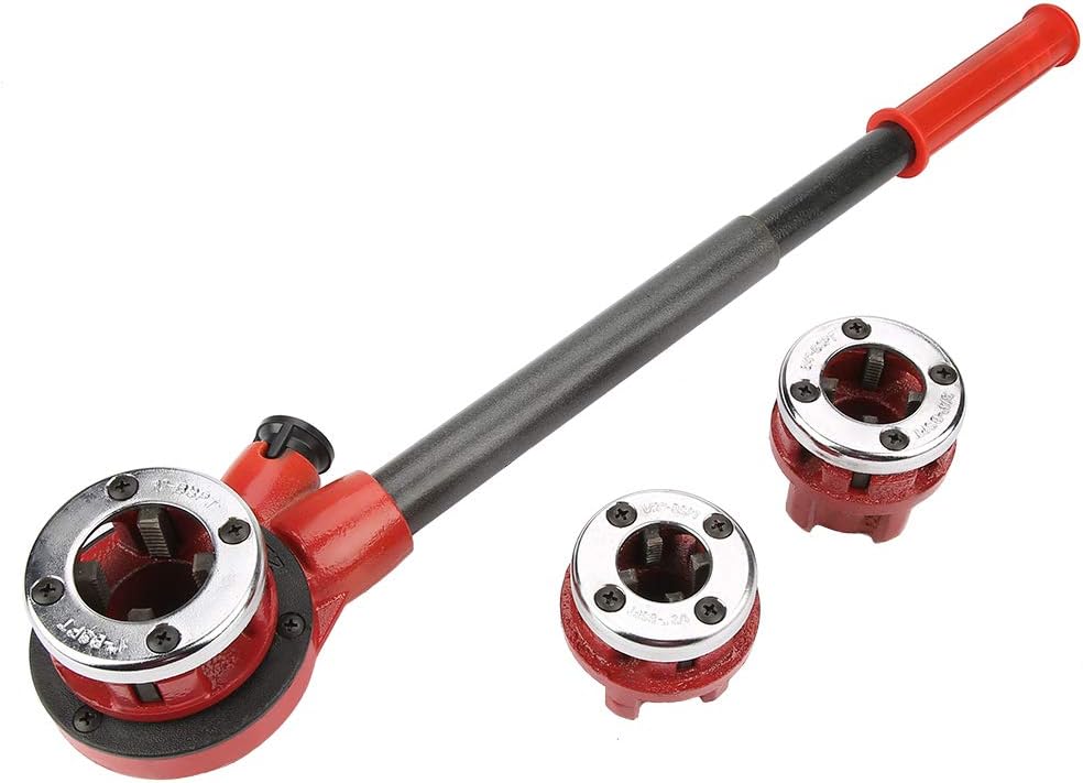Manual Pipe Threader, Tap and Die Set, Plumber Pipe Cutting Kit, 0.5 0.75 1 1.25in Manual Thread Forming, Hand Tapping Tool Set, Plumbing Pipe Dies (Type 62A Three Heads)