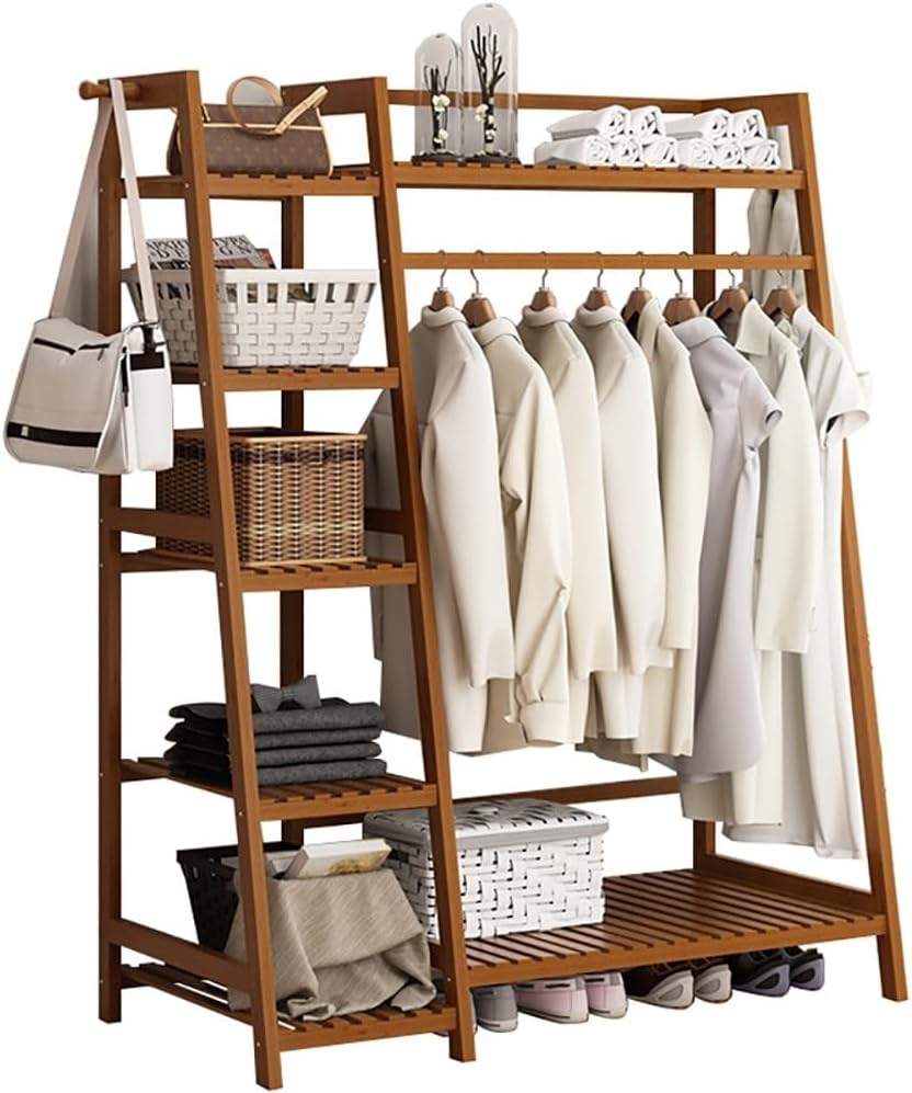 Bamboo Clothes Rail Stand - Freestanding Coat Garment Rack with Hanging Rod, Trapezoid Structure, Open Wardrobe Storage Organiser/A/50 * 40 * 140Cm *40 * 140Cm,B,100(B)*40 * 140Cm
