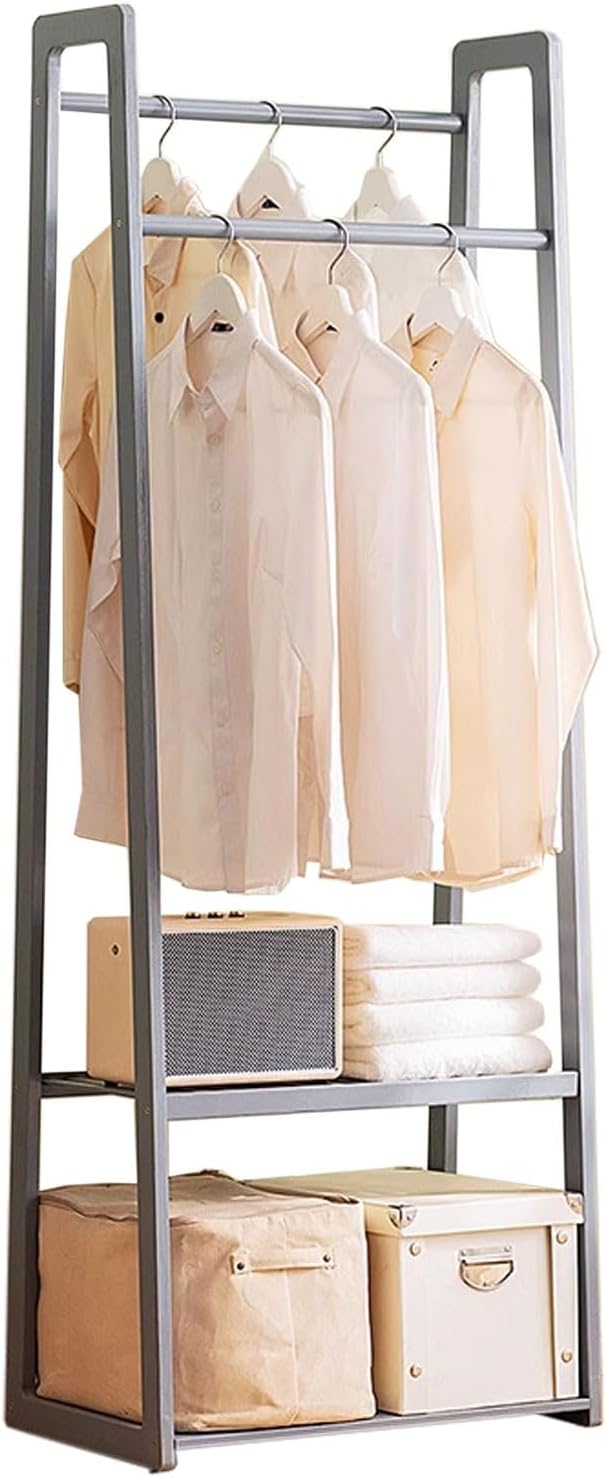 Portable Double Rod Bamboo Coat Rack, Freestanding Clothing Organizer with 2-Tier Storage Shelves, Stylish Garment Rack for Bedroom & Entryway (60cm)