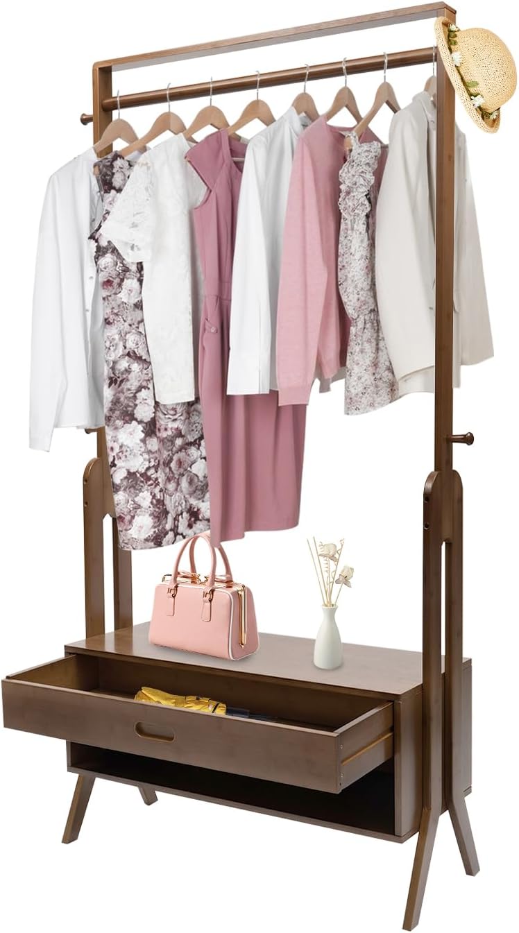 Bamboo Garment Rack Freestanding Closet Organizer, 83.5x33x169.5cm Coat Rack with Storage Shelf, Multifunctional Clothes Hanging Stand for Bedroom Entryway, Freestanding Clothing Storage Organizer