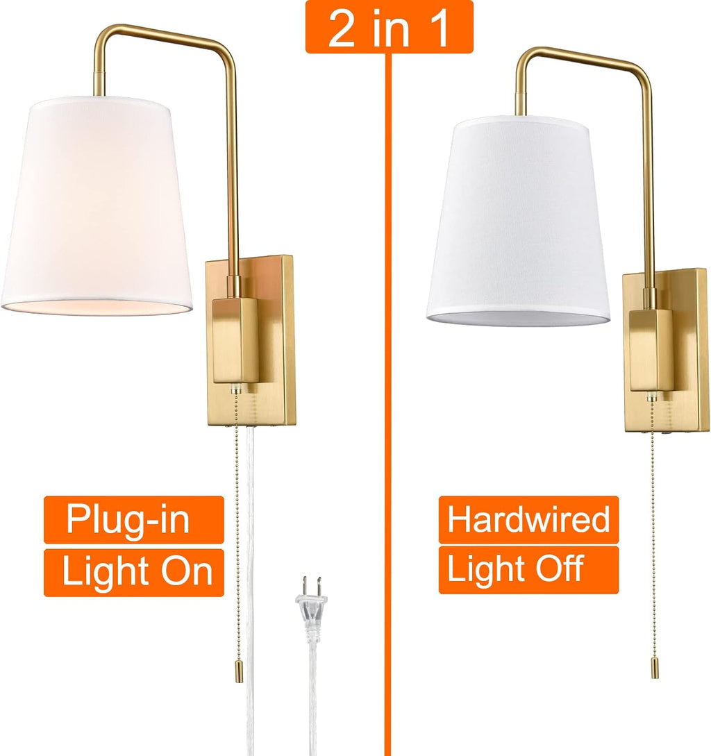 Wall Sconces Set of Two, Gold Fabric Shade Wall Sconce Bedroom Plug-in Wall Lamp Set of 2